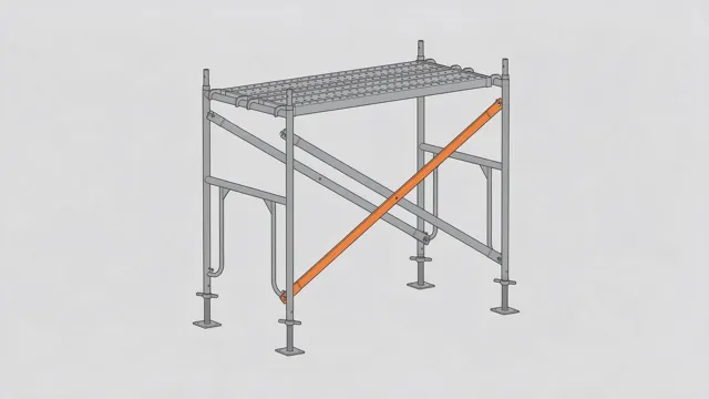 Schematic of one bay of frame scaffolding with cross braces, planks and base jacks