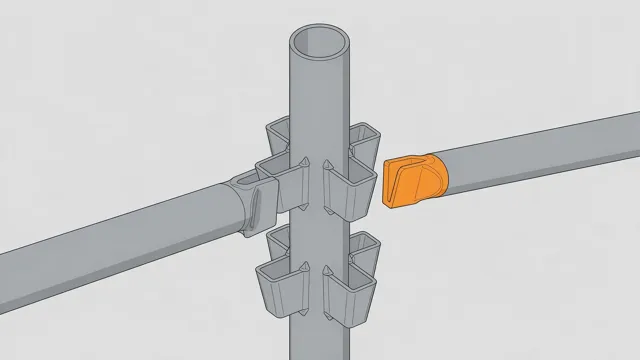 Schematic of a kwikstage joint: wedge-end ledgers dropping into V-pressings on the standard